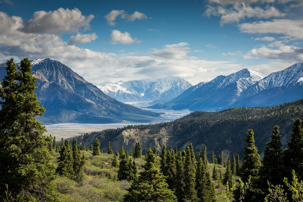 Mountain peaks rising above an open natural landscape